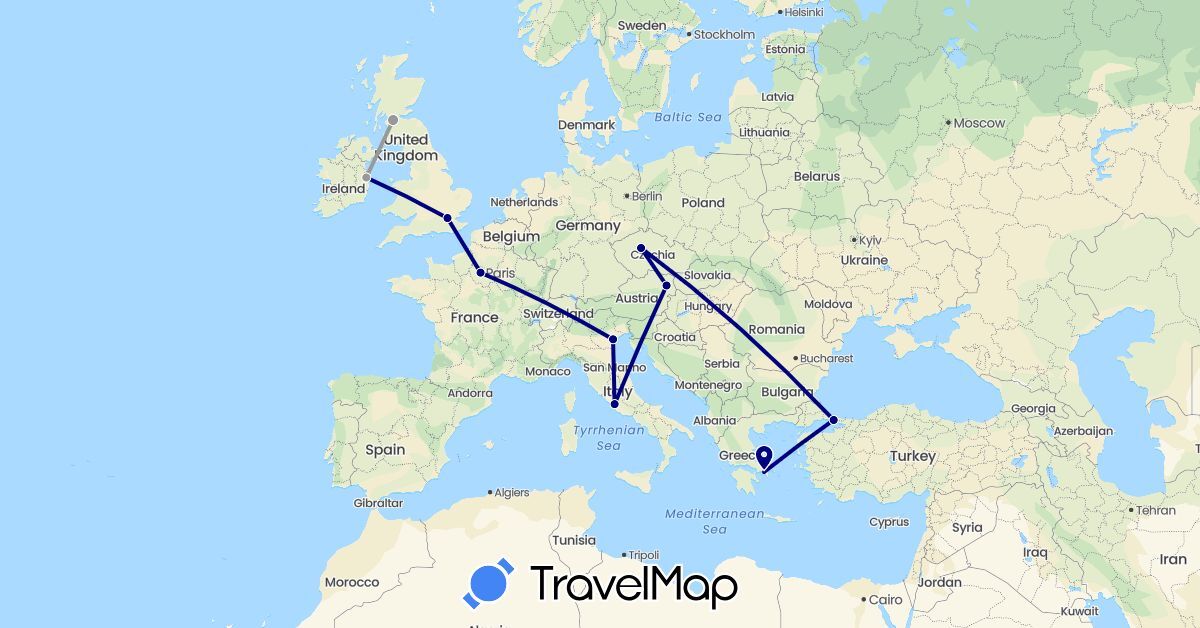TravelMap itinerary: driving, plane, train in Austria, Czech Republic, France, United Kingdom, Greece, Ireland, Italy, Turkey, Vatican City (Asia, Europe)